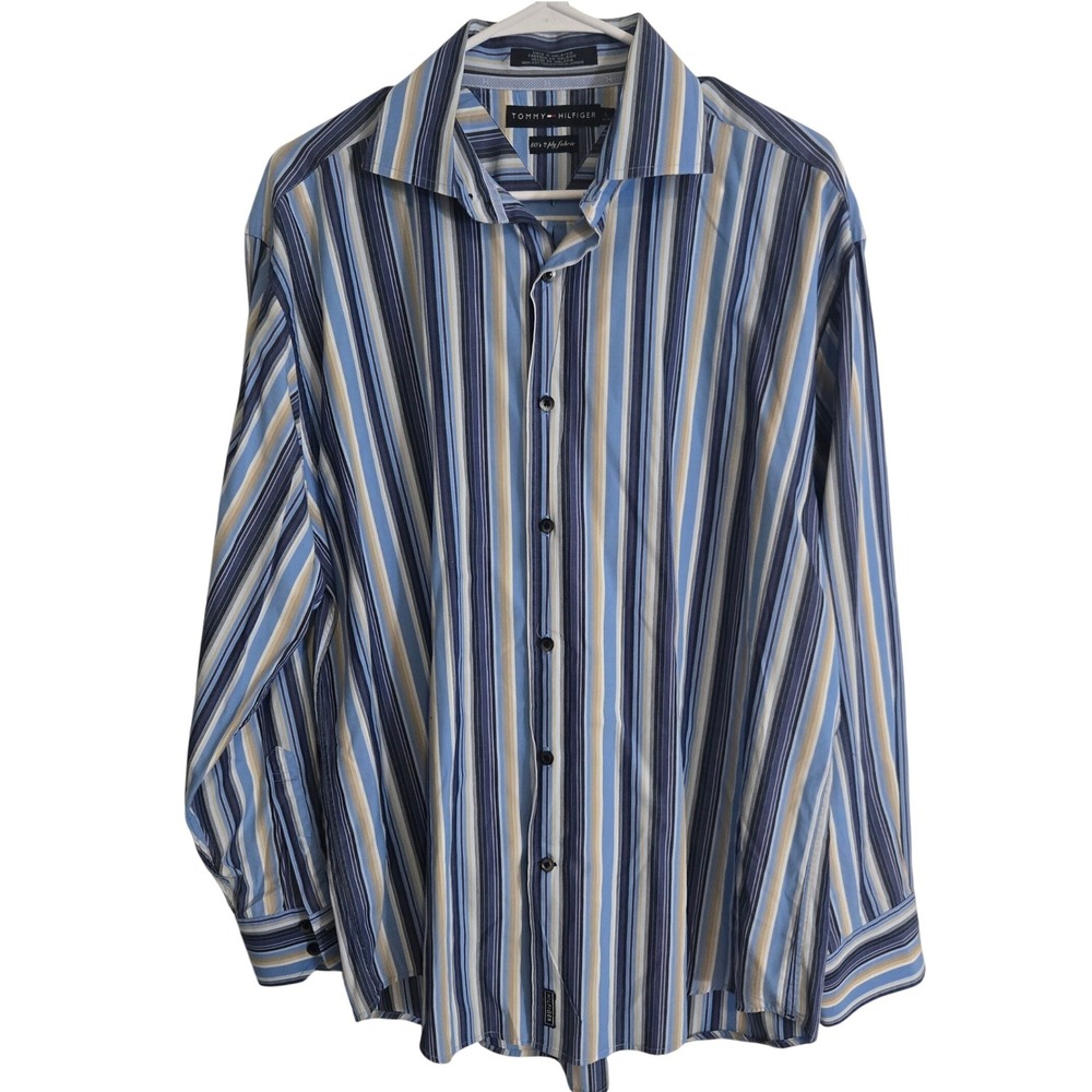 Tommy Hilfiger 80s 2 Ply Mens L Blue Stripe Dress Shirt 100% Cotton‎ Button Up